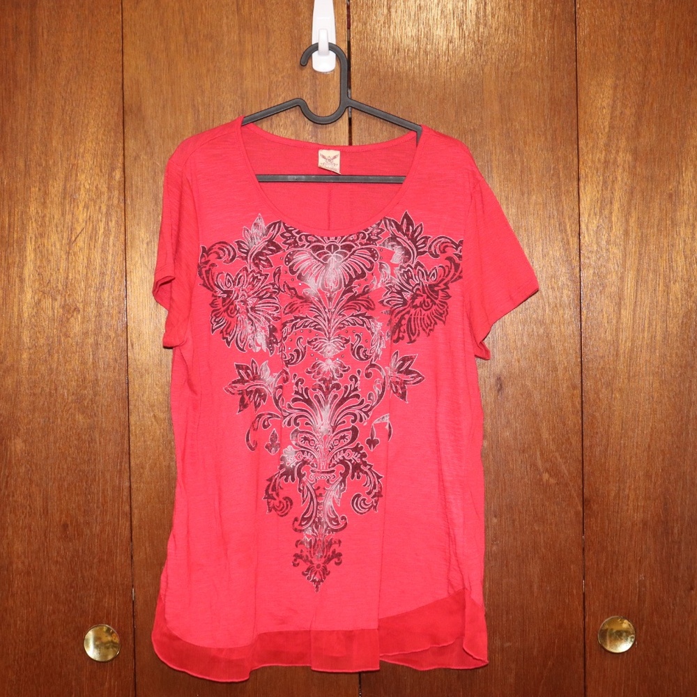 5 for $5 ~ Red 90s Style Tee w/ Rhinestones & Sheer Lace Hem XXL 20